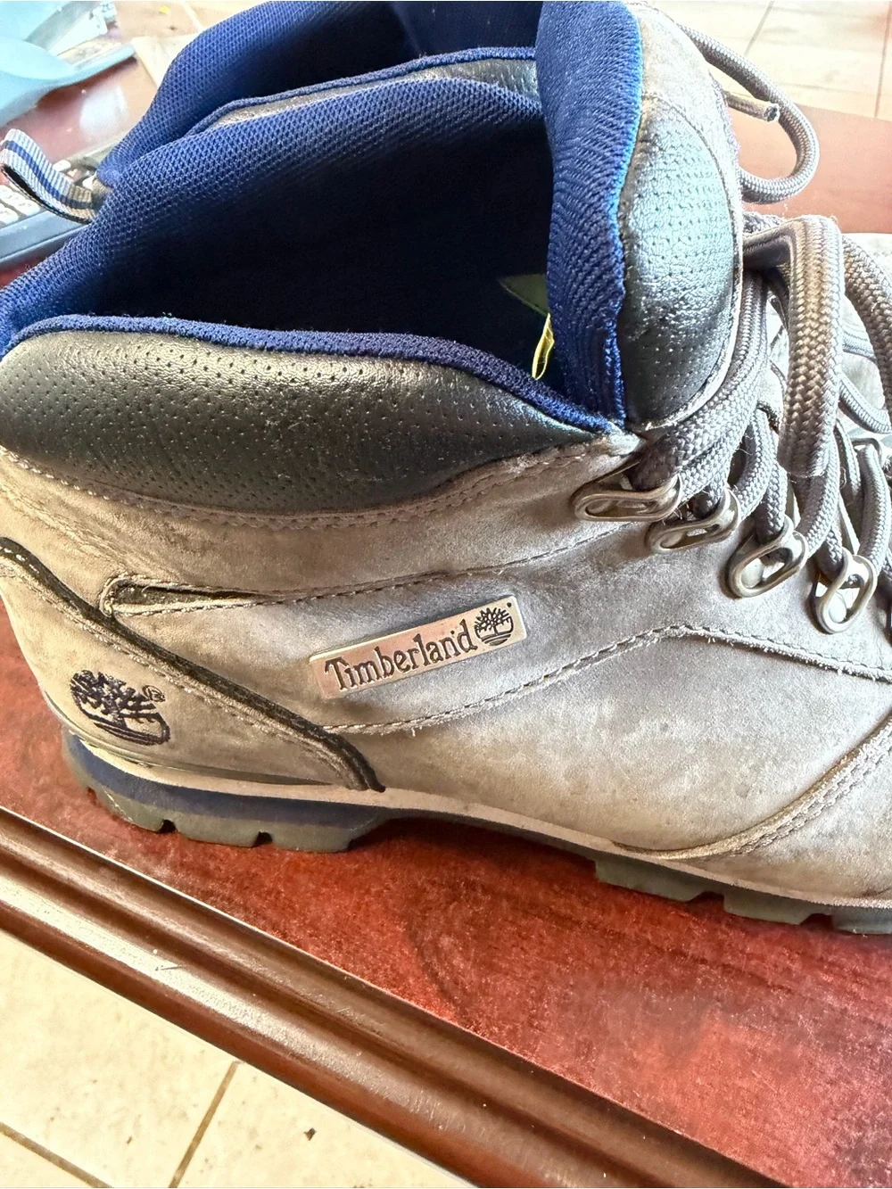 Timberland Gray Leather Lace-Up Hiking Boots with Blue Trim